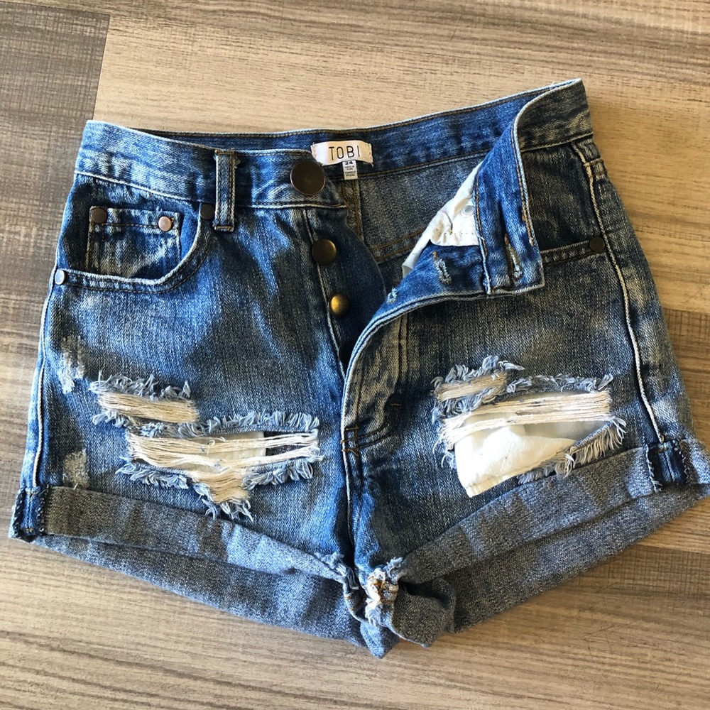 Distressed denim shorts